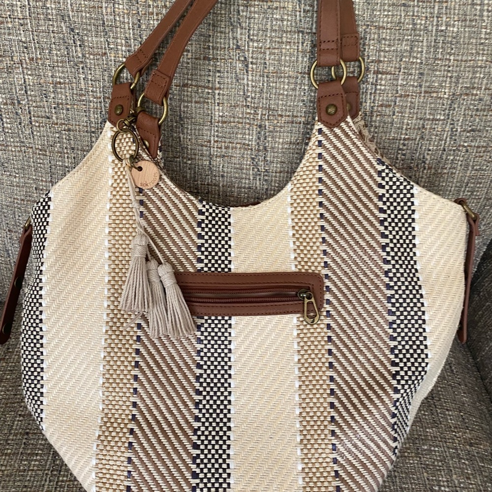 Tan and Brown Woven Shoulder Bag with Leather Trim